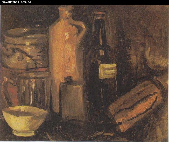 Vincent Van Gogh Still-life with earthenware, glass of beer and bottles